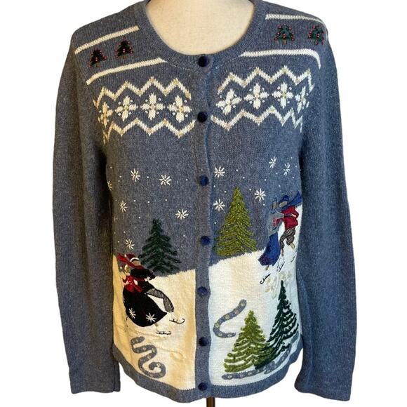 Winter Scene Vintage Sweater Cardigan Embroidered Beaded Reference Point Medium - Picture 1 of 12
